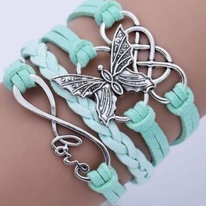 Y2K Green Silver Butterfly‎ Infinity Charm Chunky Summer Gift Bracelet (#032).